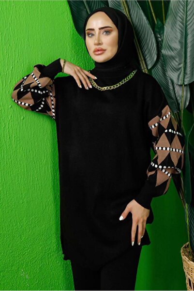 TRENDTESETTÜR Women's Black Sleeved Patterned Knit Tunic t 3408-1