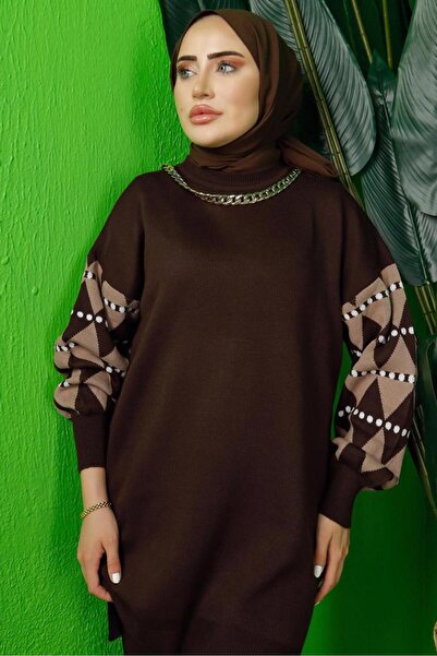 TRENDTESETTÜR Women's Brown Sleeved Patterned Knit Tunic t 3408-1