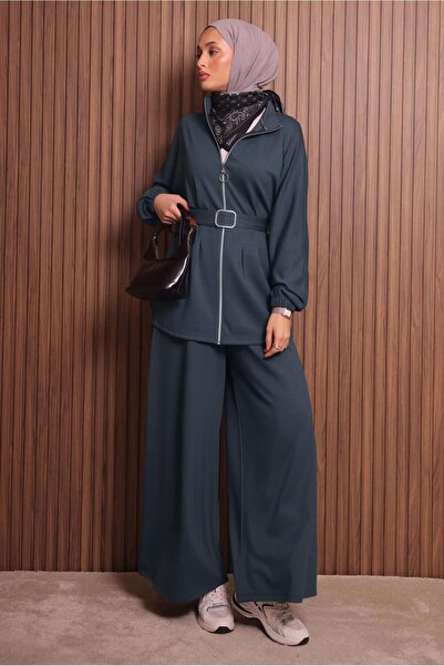 TRENDTESETTÜR Women's Gray (Anthracite) Pants and Belt Suit t 9935