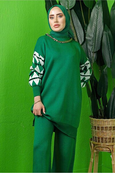 TRENDTESETTÜR Women's Green Sleeve Patterned Knit Tunic t 3408-1