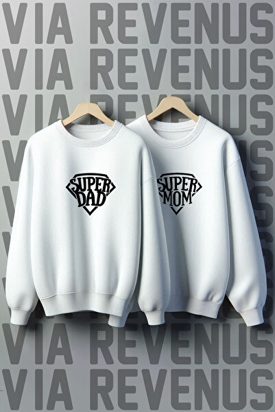 Vordevia Super Mom & Super Dad Printed Crew Neck 3 Thread Fleece-Lined Wide Fit Lover Combination Sweatshirt