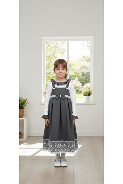 FASHION Girls' Grey Pinafore Dress with Bow and Lace Trim