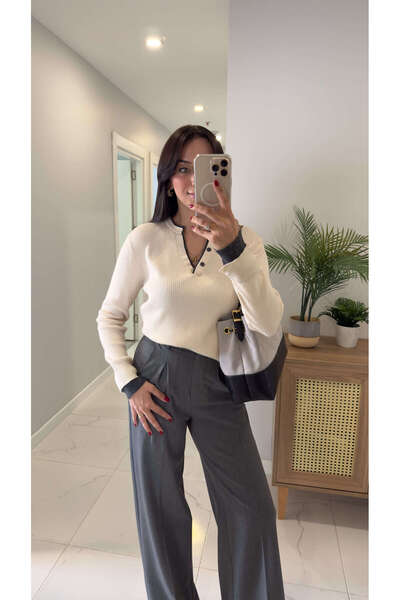 BİRCANÇİL Perosala Vanilla Anthracite Button Detailed Knitwear