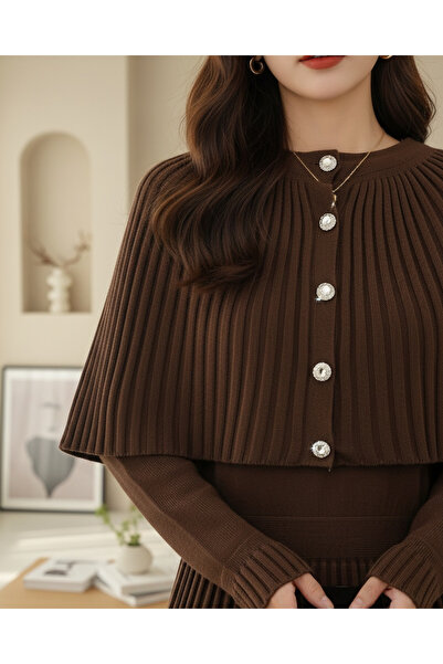 MissRunin Eteği Fitilli Beli Lastikli Pelerin Detaylı Uzun Triko Elbise