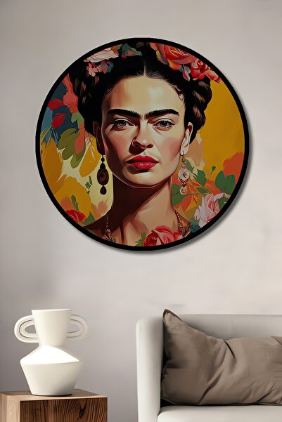 seZZeon Çerçeve Görünümlü Dekoratif Ahşap Yuvarlak Frida Kahlo Çiçekler İçind...