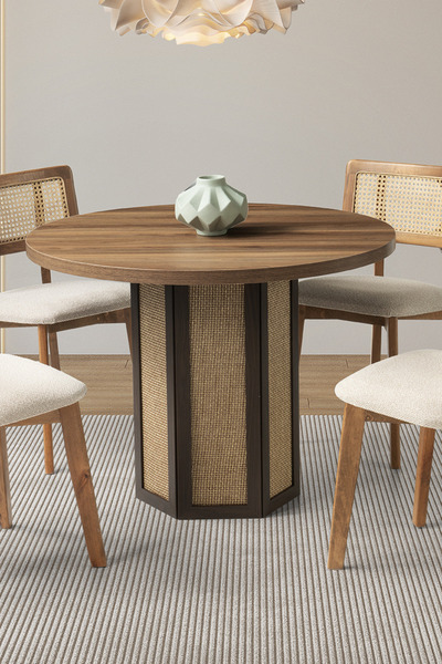 Liya Mimoza Yuvarlak Yemek Masası Hazeran Ahşap Salon Yemek Masası Bohem Mutfak 4 Kişilik AçıkCeviz 100Cm