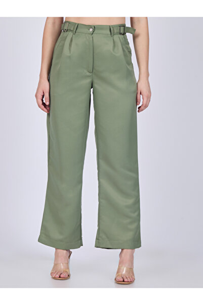 Outzidr By Styli Olive Side Tabs Wide Leg Trousers