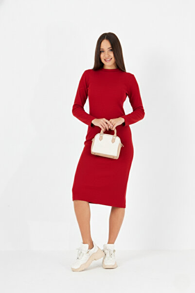 ESPİNA Women's Half High Neck Bodycon Long Sleeve Knitted Ribbed Knit Dress - Red