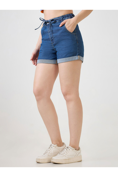 Globus By Styli Women Blue Denim Shorts with Drawstring