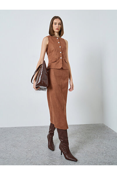 Styli Brown Suede A-Line Midi Skirt