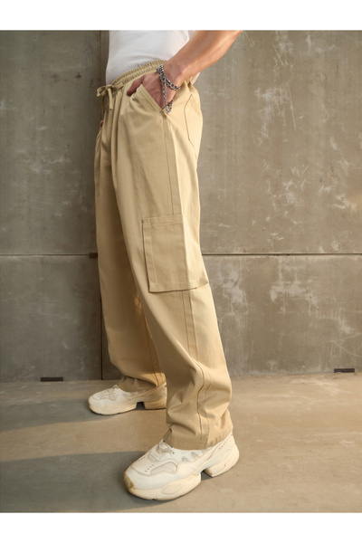 Sassafras By Styli Beige Wide Leg Cargo Trousers