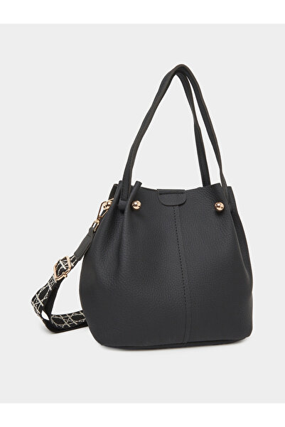 Styli Black Faux Leather Bucket Bag with Woven Strap