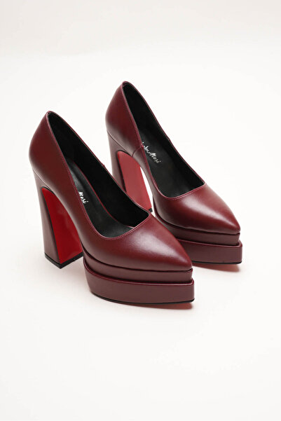 Ayakkabı Ateşi Double Platform Thick High Heels Pointed Toe Women's Shoes Burgundy Skin