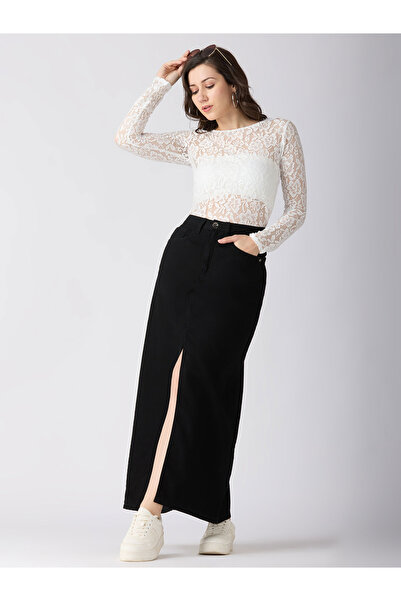 Globus By Styli تنورة ماكسي جينز مستقيمة شق أمامية سوداء