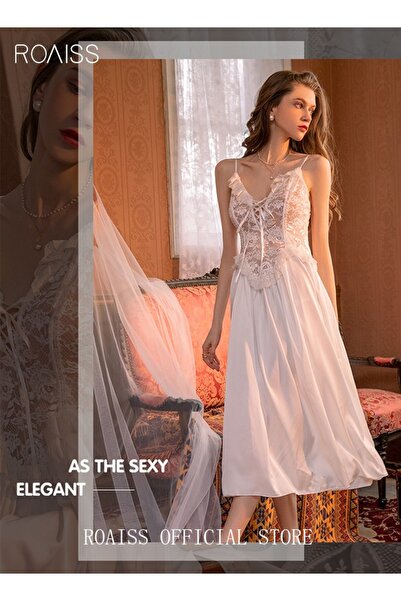 ROAISS Lace Satin Homewear Women's Sling Sleepwear Sweet Nightwear Hollowed L...