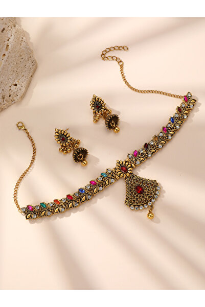 Take Two By Styli Embellished Leaf Fan Shaped Drop Necklace and Earrings Jewe...