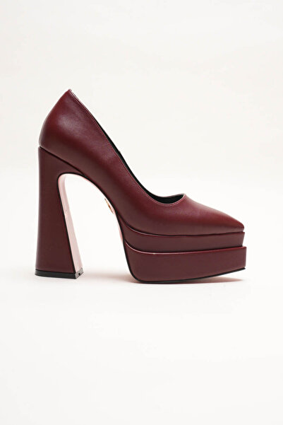 Ayakkabı Ateşi Double Platform Thick High Heels Pointed Toe Women's Shoes Burgundy Skin