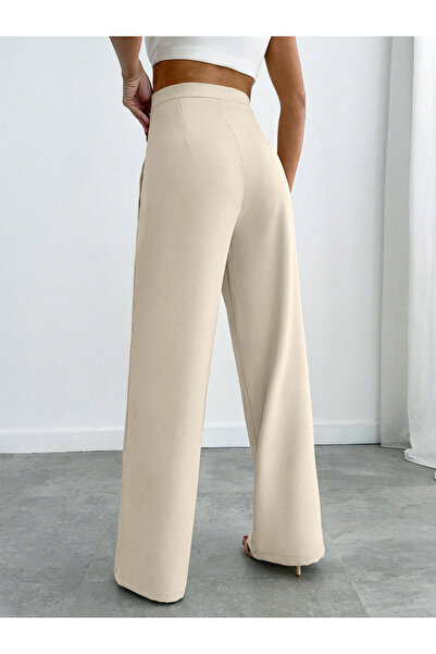 Take Two By Styli Off White Straight Leg Trousers with Button Detail