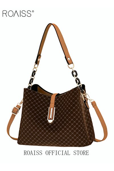 ROAISS PU Leather Handbag Large Capacity Shoulder Bag for Women Coffee