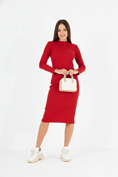 ESPİNA Women's Half High Neck Bodycon Long Sleeve Knitted Ribbed Knit Dress - Red