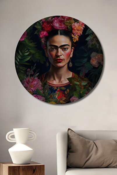 seZZeon Dekoratif Ahşap Yuvarlak Frida Kahlo Çiçekler İçinde Tablosu Ev/Ofis/...