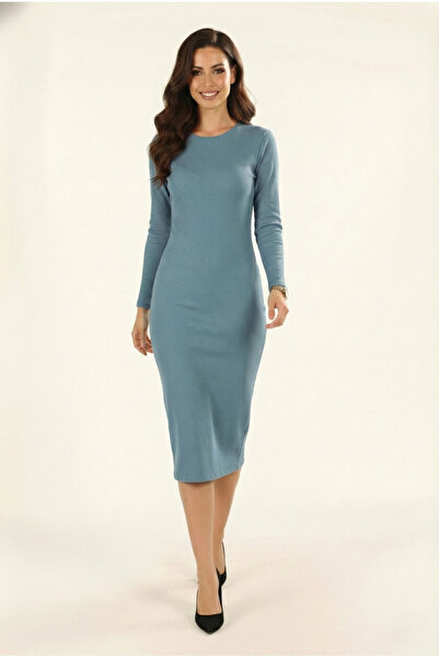 ESPİNA Women's Half High Neck Bodycon Long Sleeve Knitted Ribbed Knit Dress - Blue