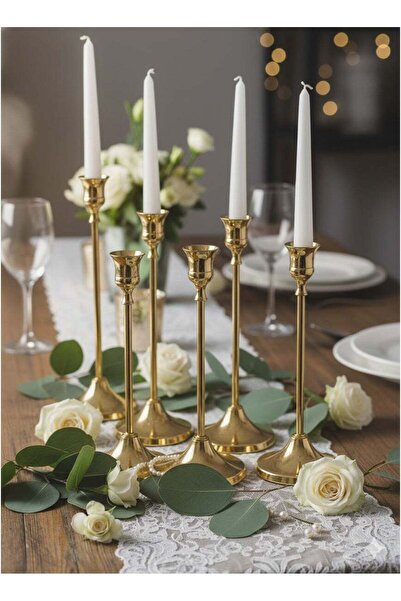 Generic Set of 6 Gold Metal Taper Candle Holders - Vintage Modern Centerpiece