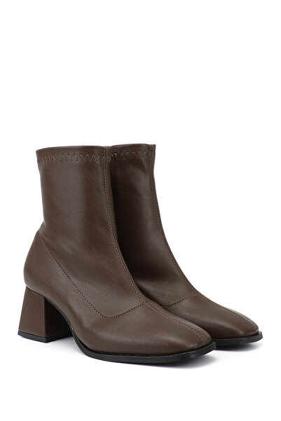 GÖNDERİ(R) Women's Light Brown Leather-Look Thick Heeled Stretch Boots