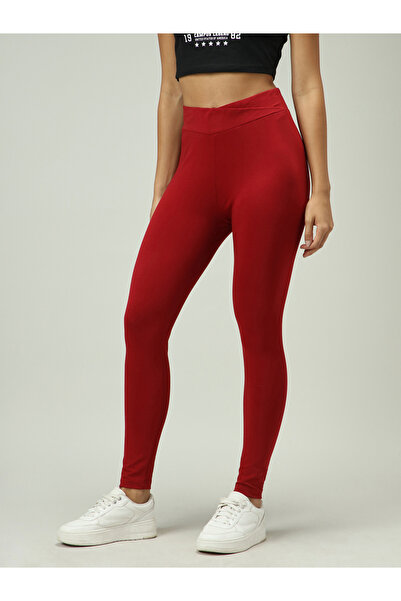 Outzidr By Styli Maroon Criss-Cross Waistband Leggings