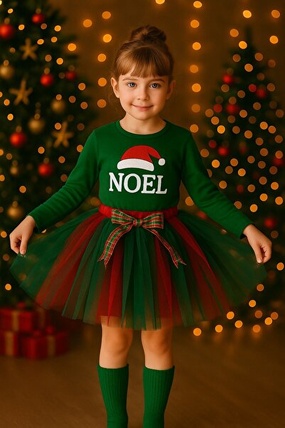NSMLİFE Crăciun, petrecere de Anul Nou, fete, copii, strat de jos roșu - strat de sus verde, fustă tutu cu detaliu de fundă, costum