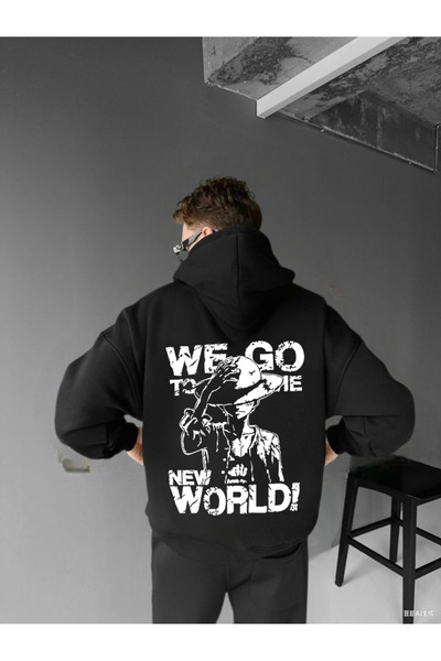 ELNOYA سويت شيرت مريح بأكمام طويلة للجنسين باللون الأسود مكون من مطبوع خيوط م...