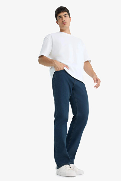 DeFacto V0796Aznm34 Blue Diago Comfort Fit High Waist Wide Leg Straight Leg Jean Pants