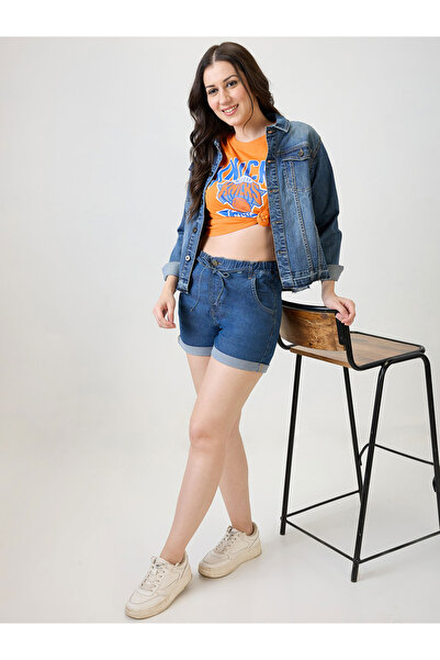 Globus By Styli Women Blue Denim Shorts with Drawstring