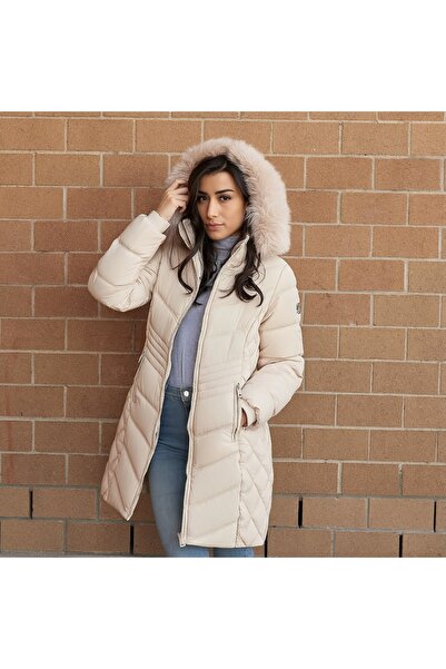 SETTY KOOP Women’s Long Slim-Fit Puffer Coat with Plush Faux Fur Hood, Winter Jacket with Zip Pockets