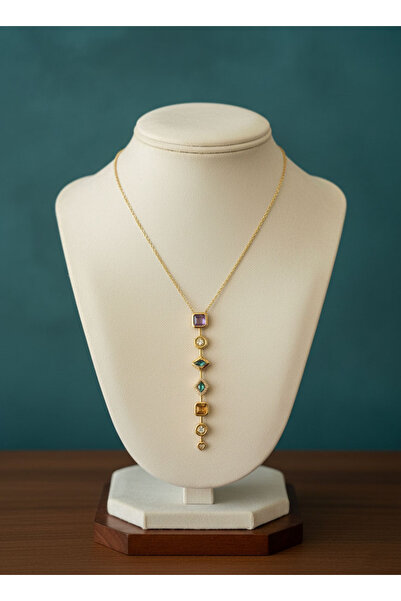 ARH VERKAUF Renkli Taş Detaylı Altın Renk Trend Y Kolye – Modern & Zarif Tasarım