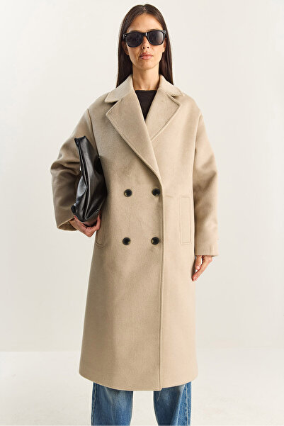 Bianco Lucci Γυναικείο παλτό διπλό πέτο με γιακά με επένδυση oversized μακρύ κασετένιο παλτό 3509 60283849