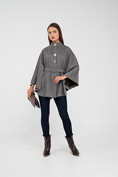 sasilva Süet Dokulu Kuşaklı Altın Düğmeli Kadın Pelerin Kap 9000