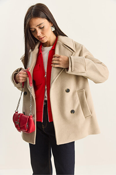 Bianco Lucci Γυναικείο παλτό διπλό πέτο με γιακά και επένδυση κοντό oversized καστανό 3508 60283850