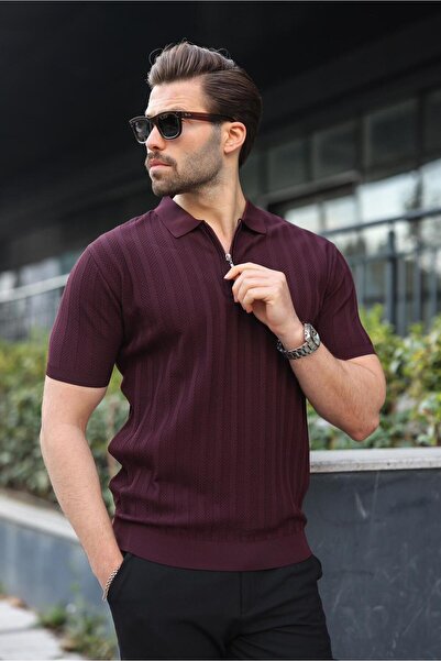 Madmext Claret Red Half Zip Polo Neck Men's Knitwear T-Shirt E7458