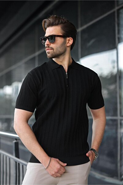 Madmext Black Half Zip Polo Neck Men's Knitwear T-Shirt E7458