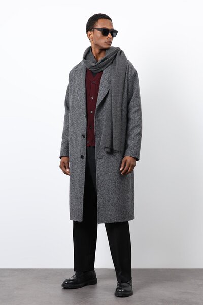 Antioch Gray Relax Fit Herringbone Patterned Men's Coat