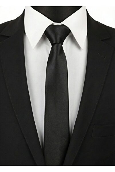 Gambocci Unisex Siyah Düz Saten Ince Kravat