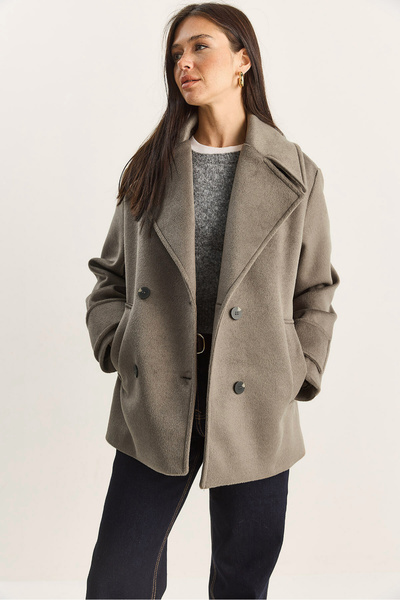 Bianco Lucci Γυναικείο παλτό διπλό πέτο με γιακά και επένδυση κοντό oversized καστανό 3508 60283850