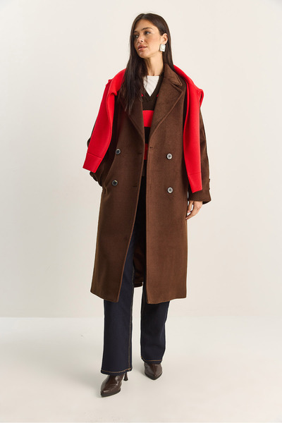 Bianco Lucci Дамско двуредно палто с подплатена яка, дълго, от вълна, размер 3509 60283849