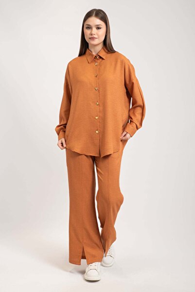 Hatun Atila Women's Gold Buttoned Leg Slit Double Suit 8758 - Orange