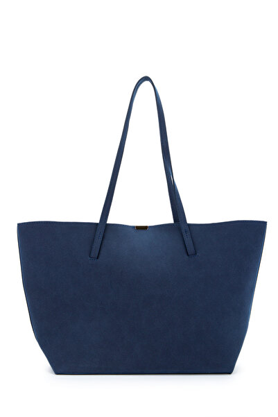 minebag Suede Stand-Up Handle Bag with Metal Accessories Navy Blue