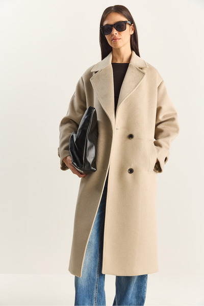 Bianco Lucci Γυναικείο παλτό διπλό πέτο με γιακά με επένδυση oversized μακρύ κασετένιο παλτό 3509 60283849