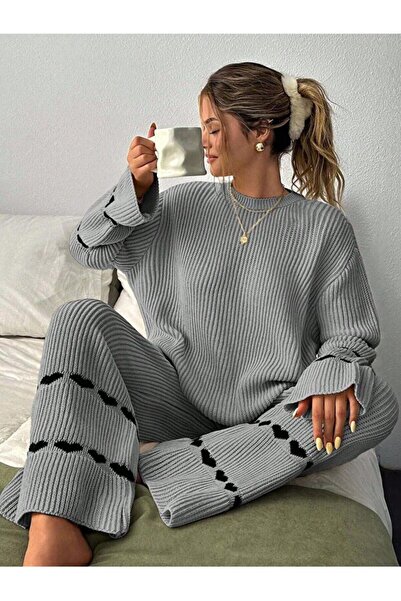 GALAVİP Women's Knitwear Double Set Casual Sweater ↬   Pants→ Hearted Knitwea...