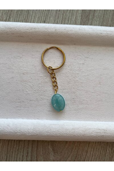 Pel Design Breloc oval cu piatră acvamarin de culoare aurie, realizat manual