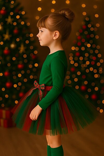 MadyaButik Crăciun, petrecere de Anul Nou, fete, copii, strat de jos roșu - strat de sus verde, fustă tutu cu detaliu de fundă, costum